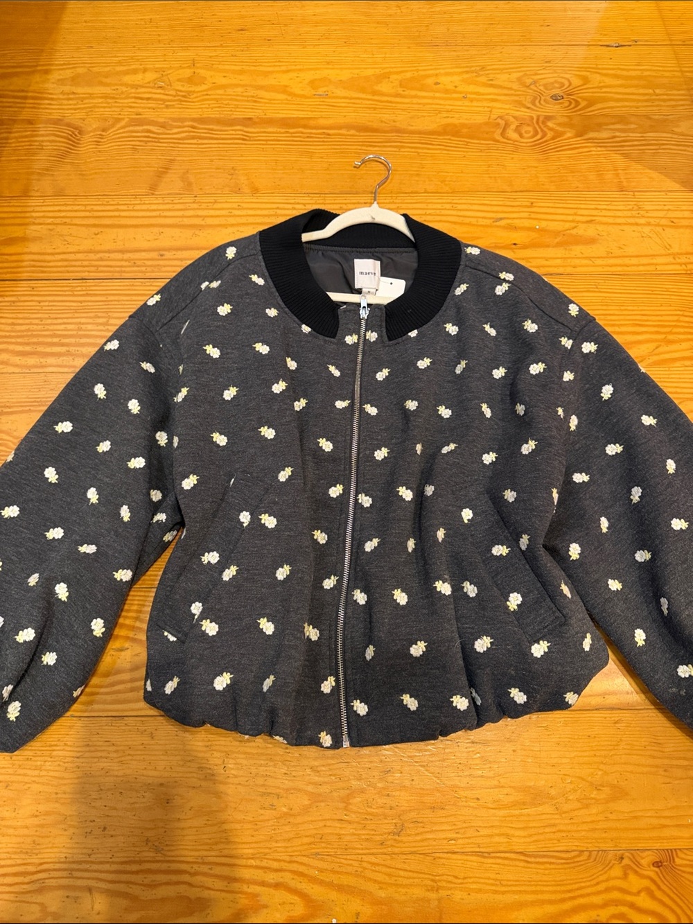 Maeve Woman’s Charcoal Bomber Jacket with White Floral Dots